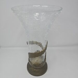 Vintage Art Nouveau Hand Blown Glass Vase w/ Ornate‎ Brass Base 15" X 8.5"